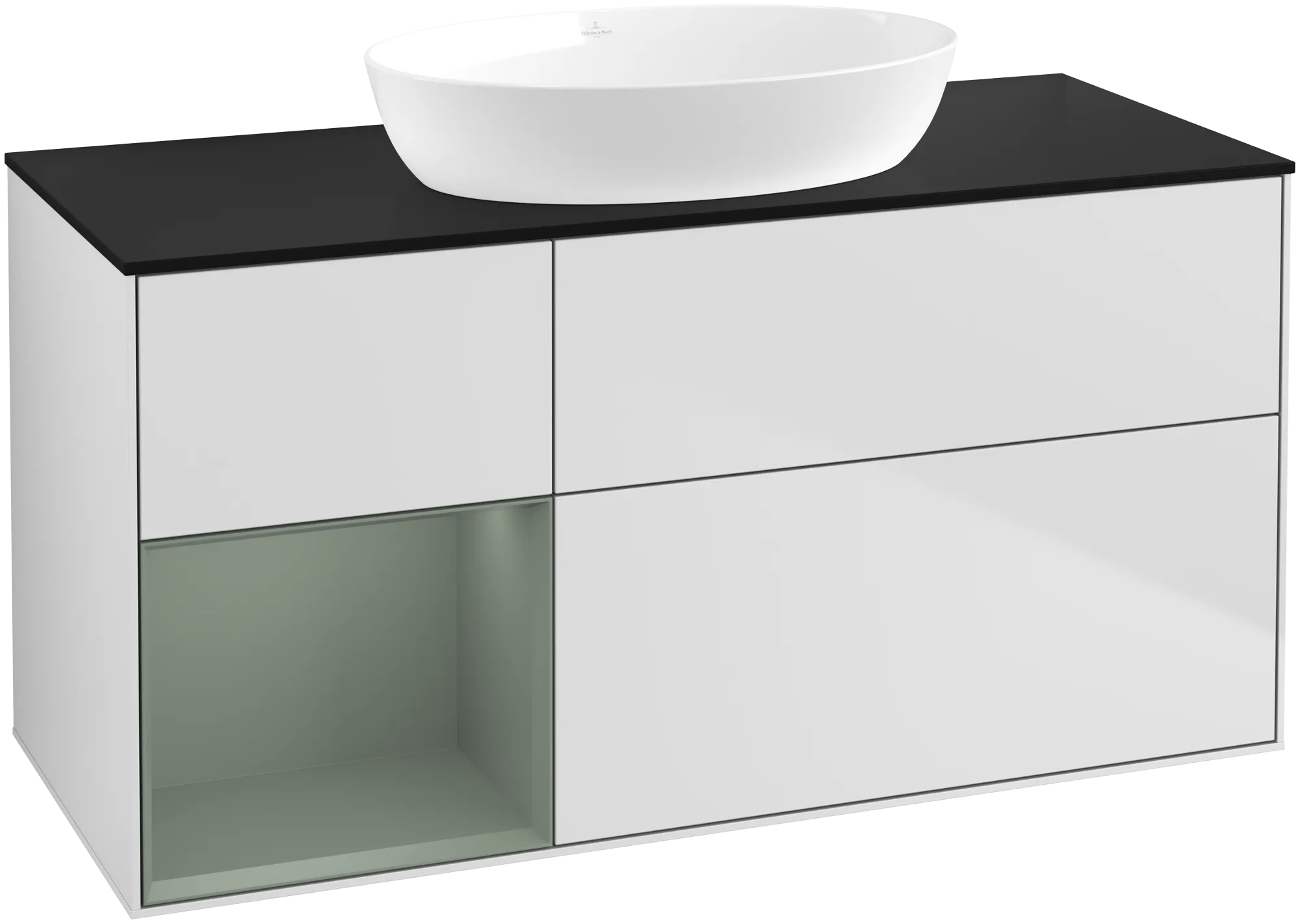 Bild von VILLEROY BOCH Finion Waschbeckenunterschrank, mit Beleuchtung, 3 Auszüge, 1200 x 603 x 501 mm, White Matt Lacquer / Olive Matt Lacquer / Glass Black Matt #FA62GMMT