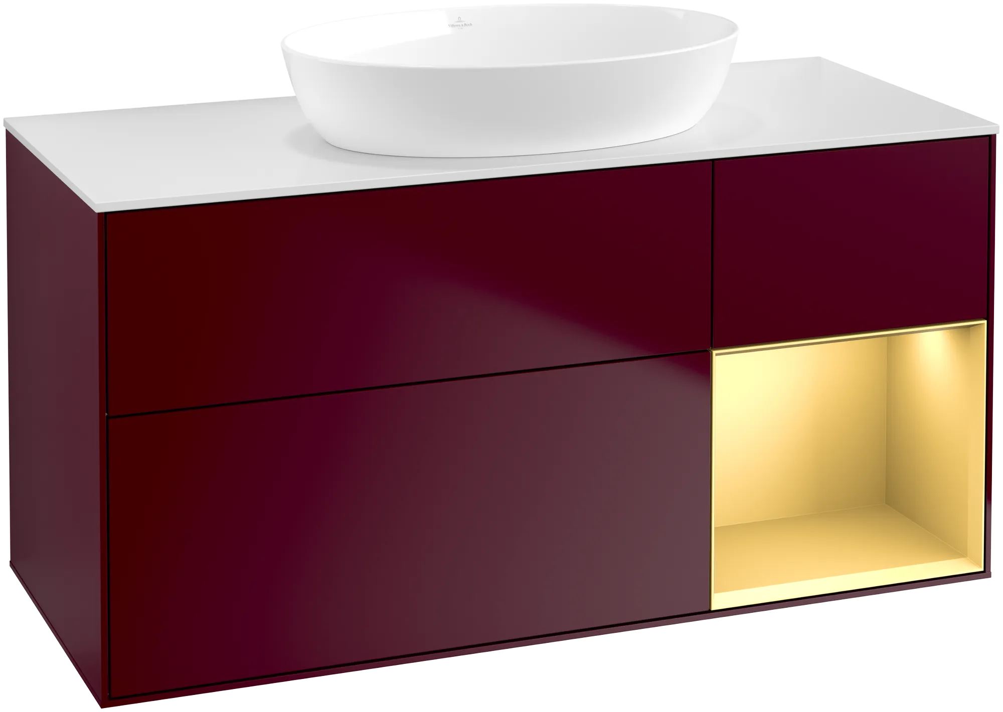 Bild von VILLEROY BOCH Finion Waschbeckenunterschrank, mit Beleuchtung, 3 Auszüge, 1200 x 603 x 501 mm, Peony Matt Lacquer / Gold Matt Lacquer / Glass White Matt #FA71HFHB