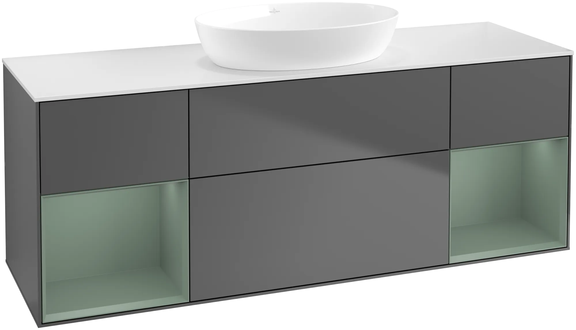 Bild von VILLEROY BOCH Finion Waschbeckenunterschrank, mit Beleuchtung, 4 Auszüge, 1600 x 603 x 501 mm, Anthracite Matt Lacquer / Olive Matt Lacquer / Glass White Matt #FD01GMGK