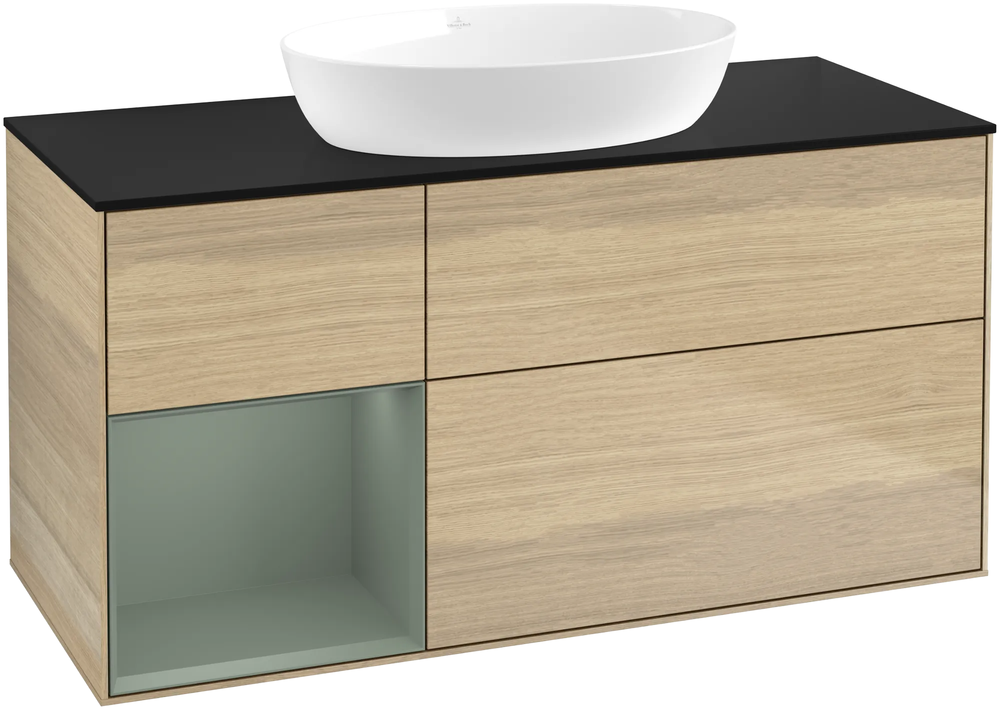 Bild von VILLEROY BOCH Finion Waschbeckenunterschrank, mit Beleuchtung, 3 Auszüge, 1200 x 603 x 501 mm, Oak Veneer / Olive Matt Lacquer / Glass Black Matt #FA62GMPC