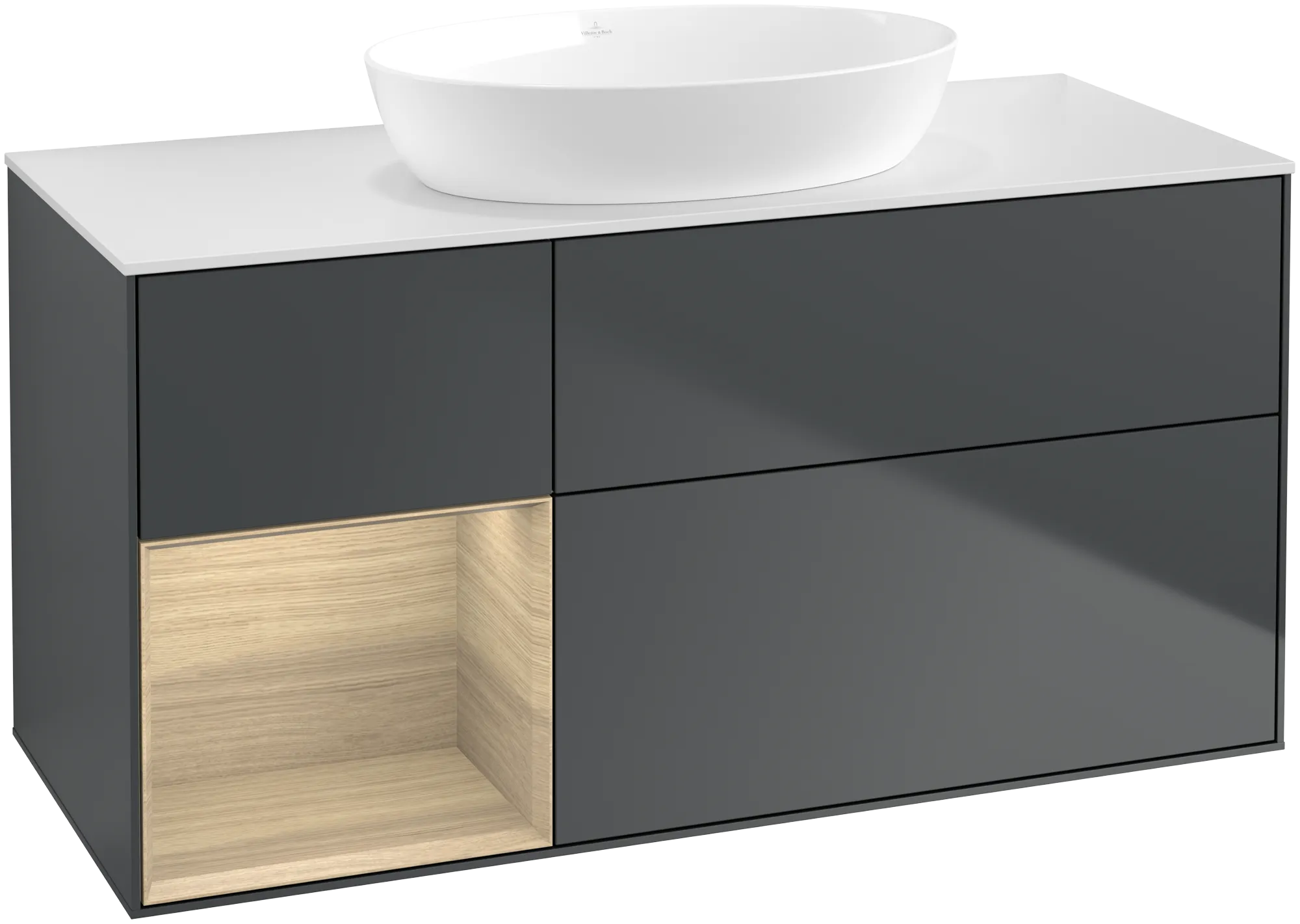 Bild von VILLEROY BOCH Finion Waschbeckenunterschrank, mit Beleuchtung, 3 Auszüge, 1200 x 603 x 501 mm, Midnight Blue Matt Lacquer / Oak Veneer / Glass White Matt #FA61PCHG