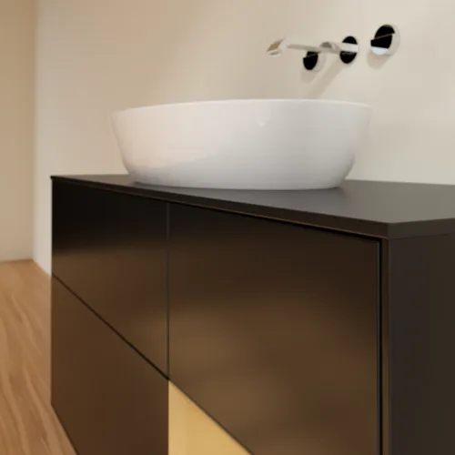 Obrázek VILLEROY BOCH Finion Vanity unit, with lighting, 3 pull-out compartments, 1200 x 603 x 501 mm, Black Matt Lacquer / Gold Matt Lacquer / Glass Black Matt #FA72HFPD