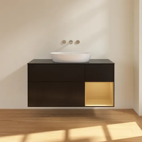 Obrázek VILLEROY BOCH Finion Vanity unit, with lighting, 3 pull-out compartments, 1200 x 603 x 501 mm, Black Matt Lacquer / Gold Matt Lacquer / Glass Black Matt #FA72HFPD
