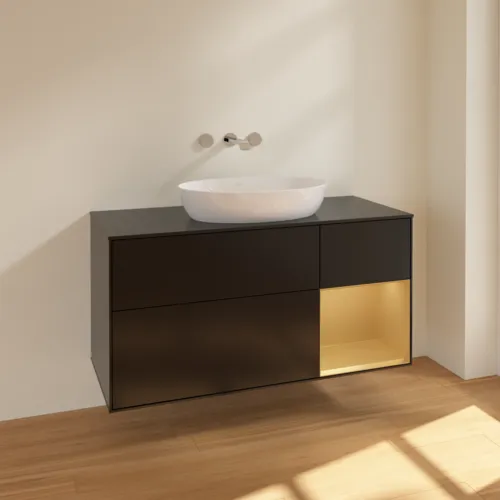 Obrázek VILLEROY BOCH Finion Vanity unit, with lighting, 3 pull-out compartments, 1200 x 603 x 501 mm, Black Matt Lacquer / Gold Matt Lacquer / Glass Black Matt #FA72HFPD