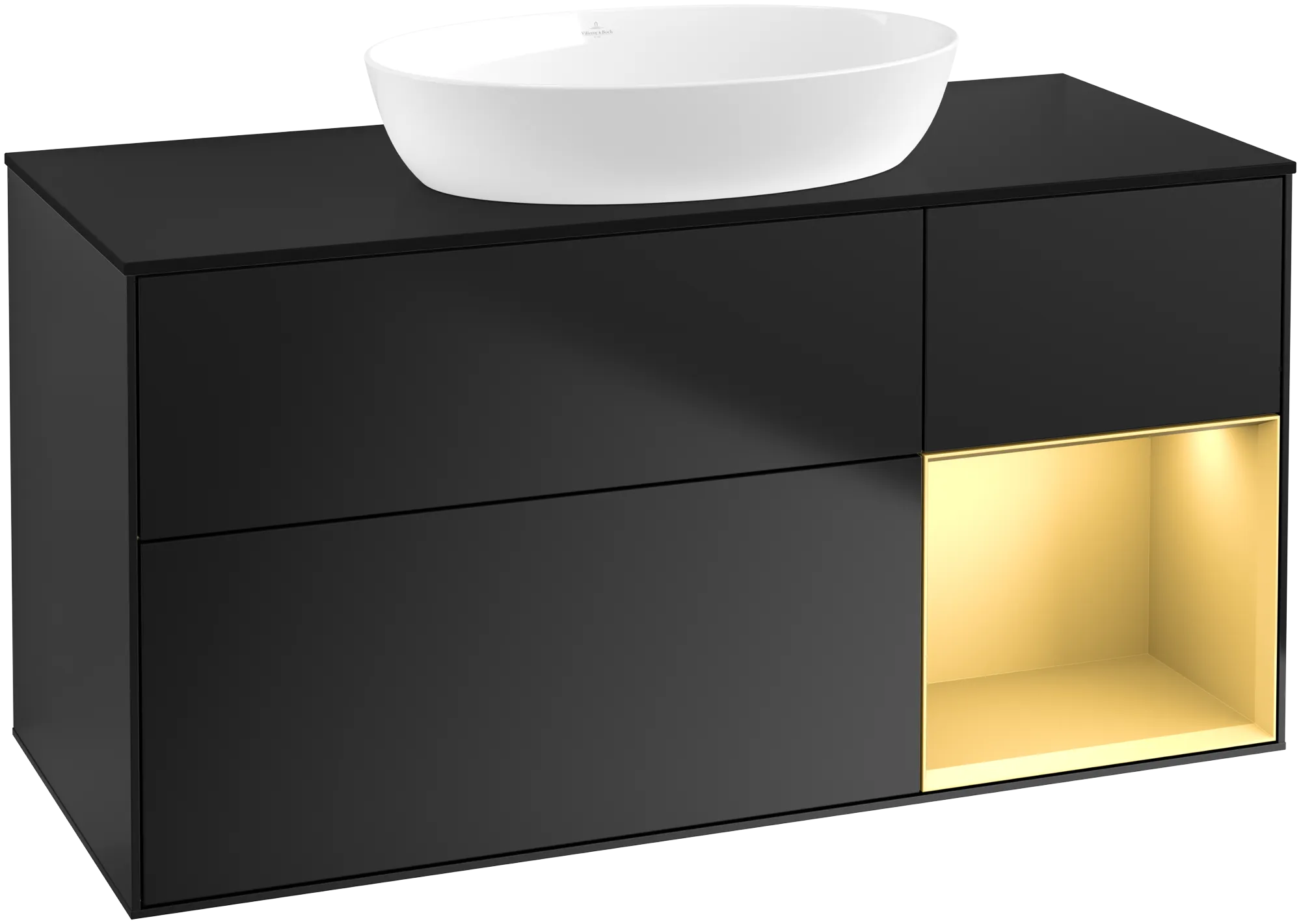 Picture of VILLEROY BOCH Finion Vanity unit, with lighting, 3 pull-out compartments, 1200 x 603 x 501 mm, Black Matt Lacquer / Gold Matt Lacquer / Glass Black Matt #FA72HFPD