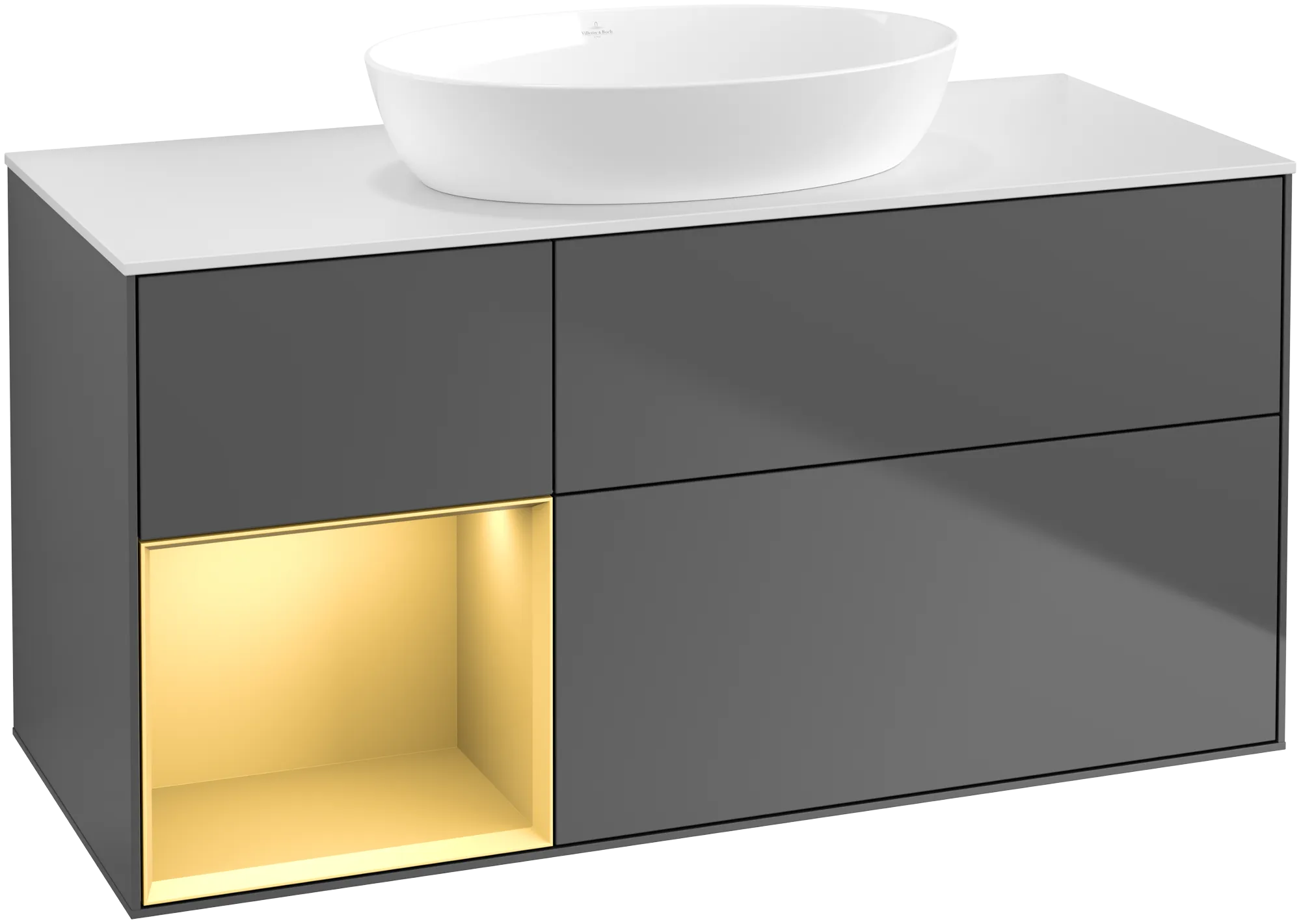 Bild von VILLEROY BOCH Finion Waschbeckenunterschrank, mit Beleuchtung, 3 Auszüge, 1200 x 603 x 501 mm, Anthracite Matt Lacquer / Gold Matt Lacquer / Glass White Matt #FA61HFGK