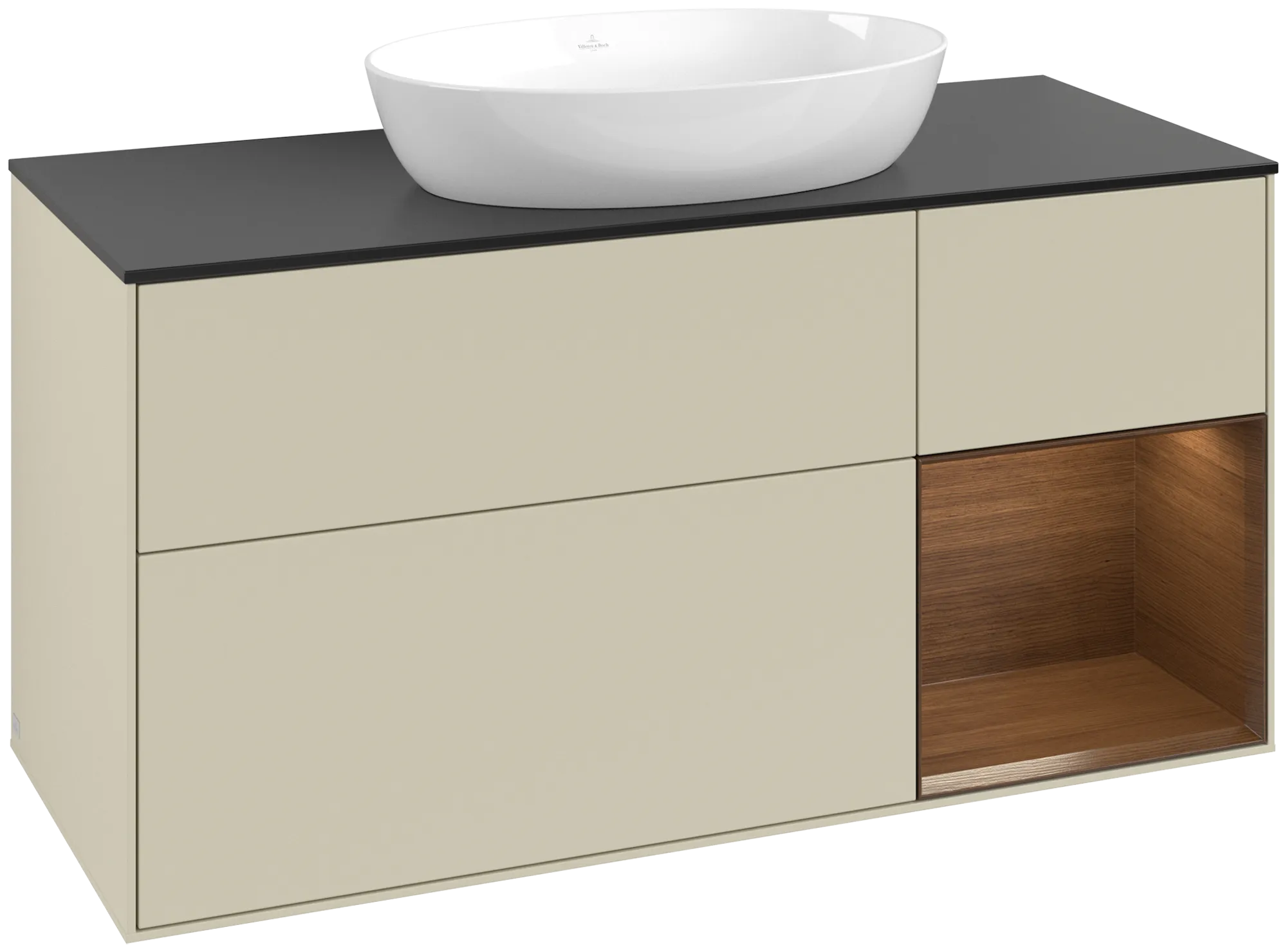 Bild von VILLEROY BOCH Finion Waschbeckenunterschrank, mit Beleuchtung, 3 Auszüge, 1200 x 603 x 501 mm, Silk Grey Matt Lacquer / Walnut Veneer / Glass Black Matt #FA72GNHJ