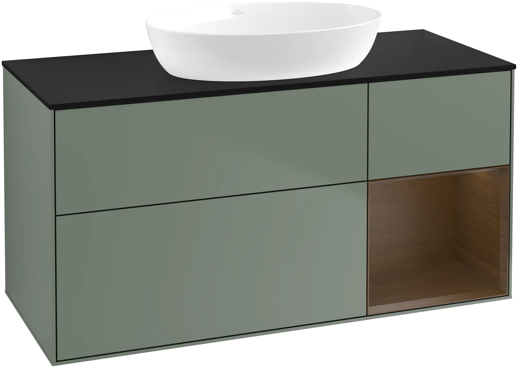 Bild von VILLEROY BOCH Finion Waschbeckenunterschrank, mit Beleuchtung, 3 Auszüge, 1200 x 603 x 501 mm, Olive Matt Lacquer / Walnut Veneer / Glass Black Matt #FA72GNGM