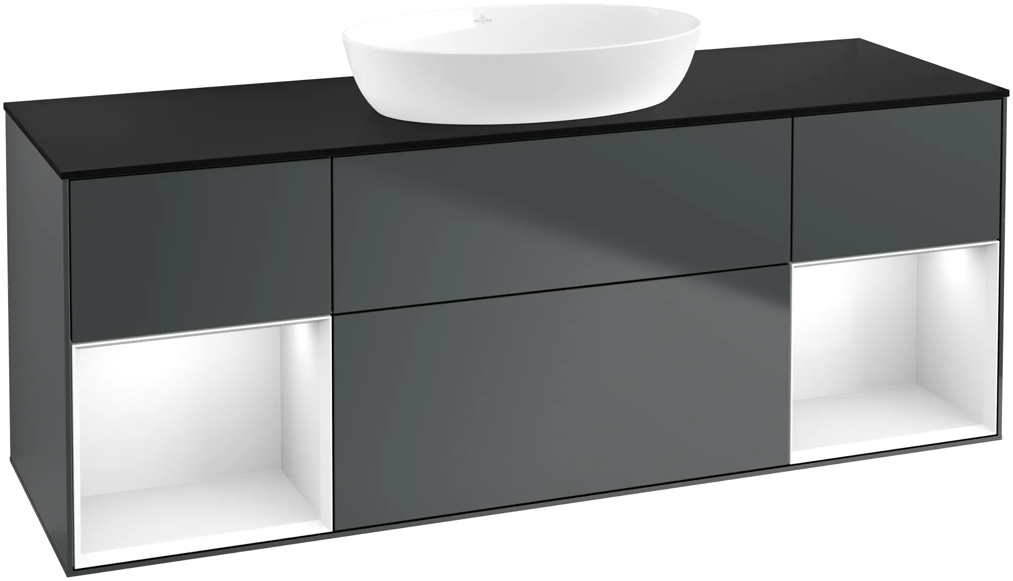 Bild von VILLEROY BOCH Finion Waschbeckenunterschrank, mit Beleuchtung, 4 Auszüge, 1600 x 603 x 501 mm, Midnight Blue Matt Lacquer / Glossy White Lacquer / Glass Black Matt #FD02GFHG