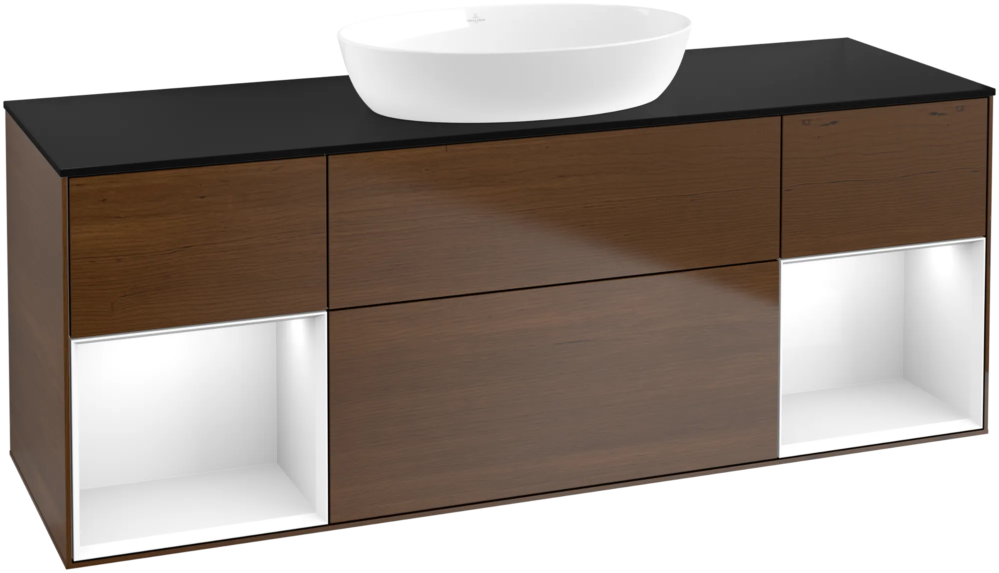Bild von VILLEROY BOCH Finion Waschbeckenunterschrank, mit Beleuchtung, 4 Auszüge, 1600 x 603 x 501 mm, Walnut Veneer / Glossy White Lacquer / Glass Black Matt #FD02GFGN