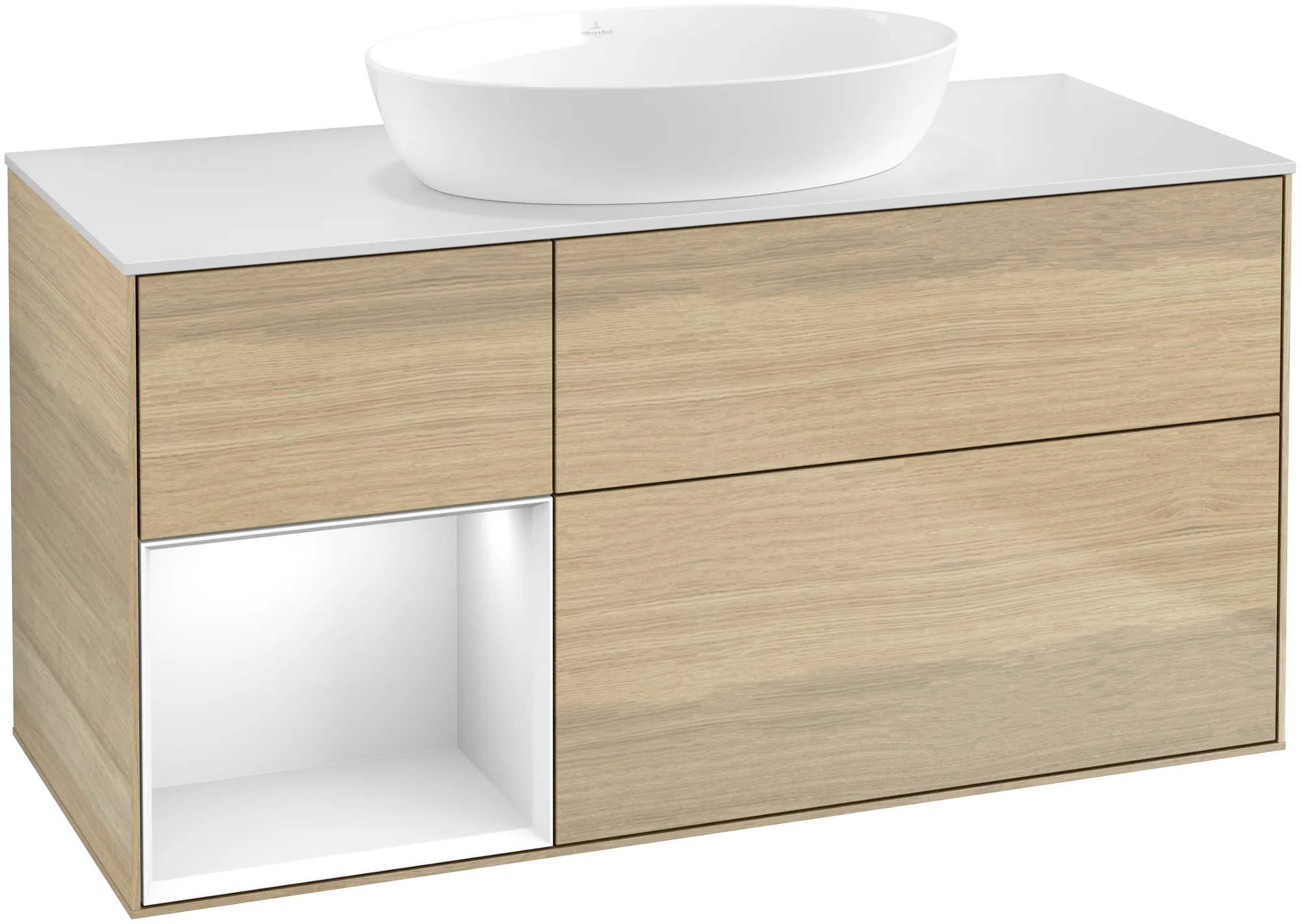 Bild von VILLEROY BOCH Finion Waschbeckenunterschrank, mit Beleuchtung, 3 Auszüge, 1200 x 603 x 501 mm, Oak Veneer / Glossy White Lacquer / Glass White Matt #FA61GFPC