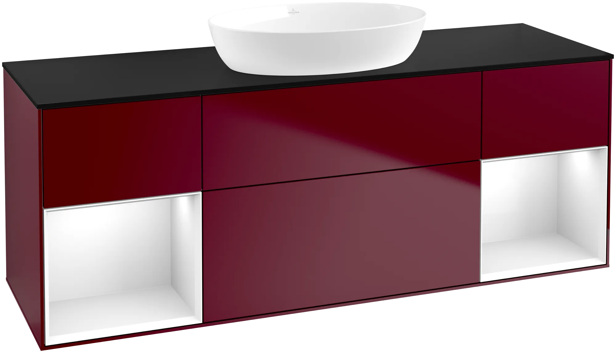 Bild von VILLEROY BOCH Finion Waschbeckenunterschrank, mit Beleuchtung, 4 Auszüge, 1600 x 603 x 501 mm, Peony Matt Lacquer / Glossy White Lacquer / Glass Black Matt #FD02GFHB