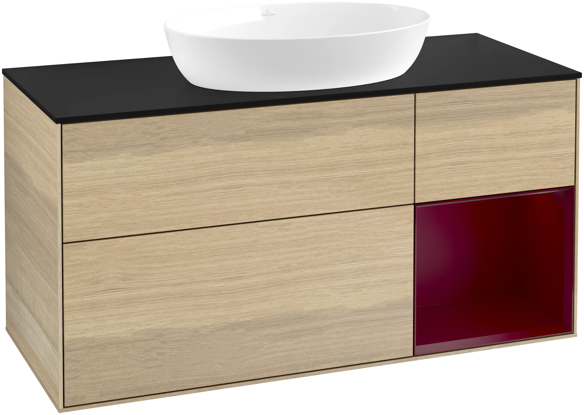 Bild von VILLEROY BOCH Finion Waschbeckenunterschrank, mit Beleuchtung, 3 Auszüge, 1200 x 603 x 501 mm, Oak Veneer / Peony Matt Lacquer / Glass Black Matt #FA72HBPC