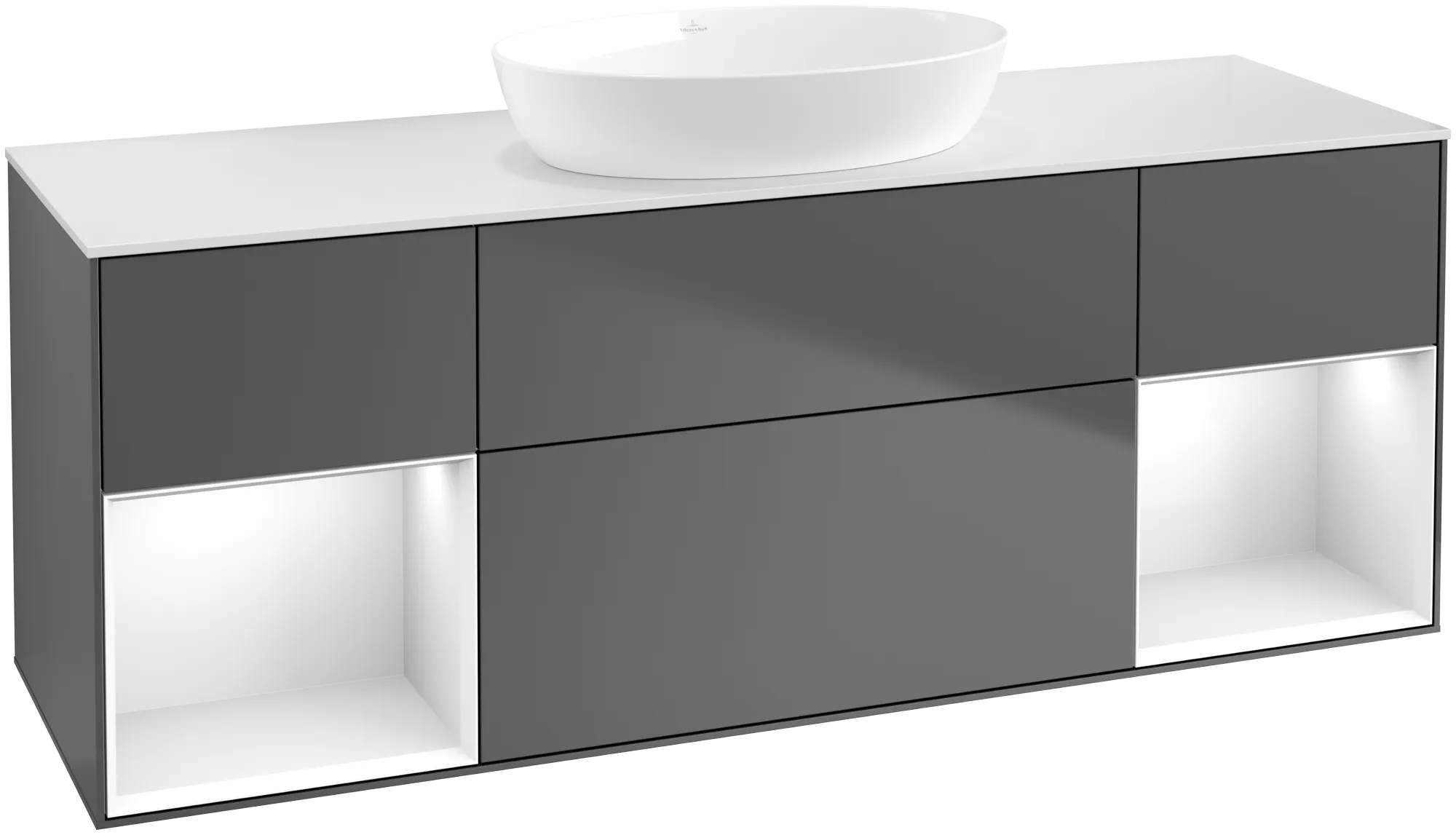 Bild von VILLEROY BOCH Finion Waschbeckenunterschrank, mit Beleuchtung, 4 Auszüge, 1600 x 603 x 501 mm, Anthracite Matt Lacquer / Glossy White Lacquer / Glass White Matt #FD01GFGK