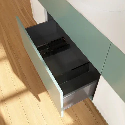 Bild von VILLEROY BOCH Finion Waschbeckenunterschrank, mit Beleuchtung, 4 Auszüge, 1600 x 603 x 501 mm, Olive Matt Lacquer / Glossy White Lacquer / Glass White Matt #FD01GFGM