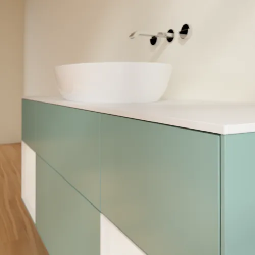 Bild von VILLEROY BOCH Finion Waschbeckenunterschrank, mit Beleuchtung, 4 Auszüge, 1600 x 603 x 501 mm, Olive Matt Lacquer / Glossy White Lacquer / Glass White Matt #FD01GFGM