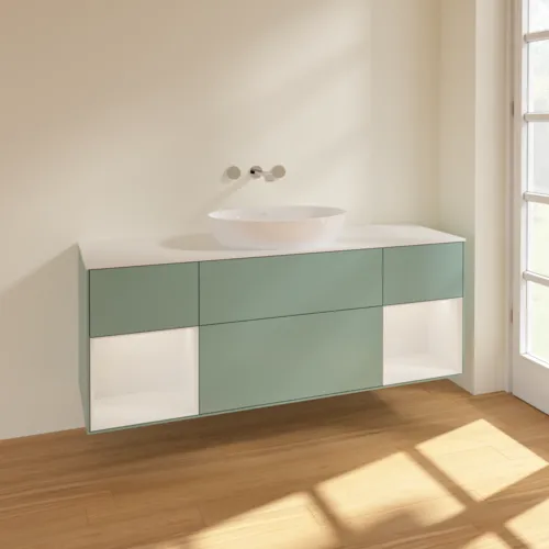 Bild von VILLEROY BOCH Finion Waschbeckenunterschrank, mit Beleuchtung, 4 Auszüge, 1600 x 603 x 501 mm, Olive Matt Lacquer / Glossy White Lacquer / Glass White Matt #FD01GFGM
