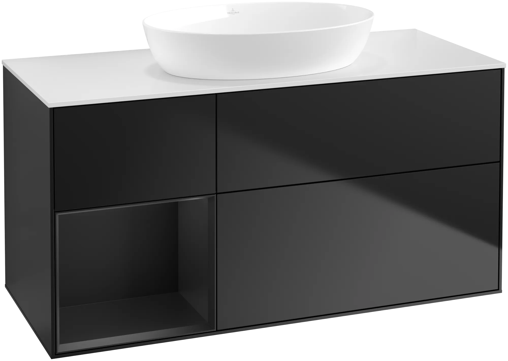 Bild von VILLEROY BOCH Finion Waschbeckenunterschrank, mit Beleuchtung, 3 Auszüge, 1200 x 603 x 501 mm, Black Matt Lacquer / Black Matt Lacquer / Glass White Matt #FA61PDPD