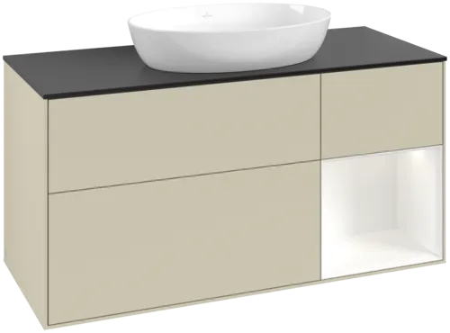 Bild von VILLEROY BOCH Finion Waschbeckenunterschrank, mit Beleuchtung, 3 Auszüge, 1200 x 603 x 501 mm, Silk Grey Matt Lacquer / White Matt Lacquer / Glass Black Matt #FA72MTHJ