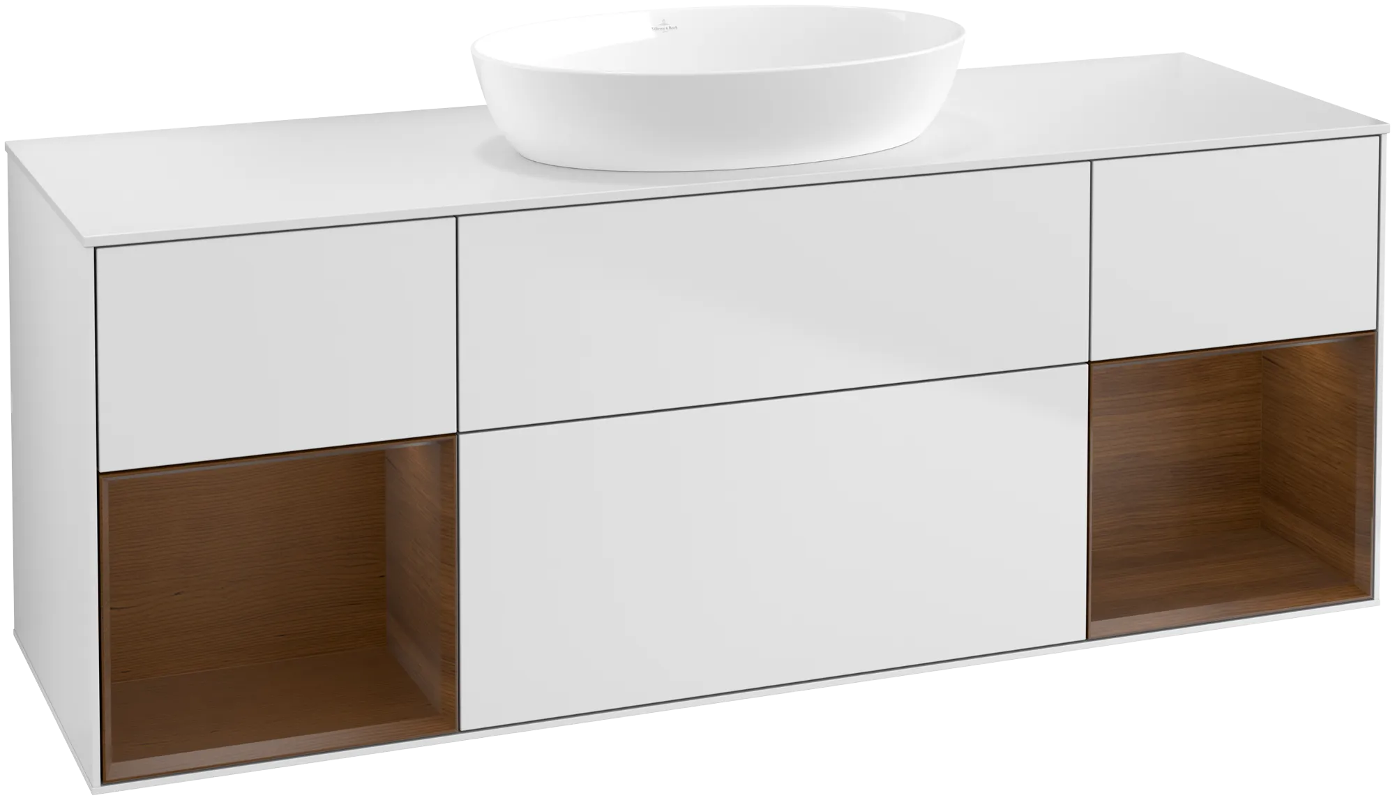 Obrázek VILLEROY BOCH Finion Vanity unit, with lighting, 4 pull-out compartments, 1600 x 603 x 501 mm, White Matt Lacquer / Walnut Veneer / Glass White Matt #FD01GNMT