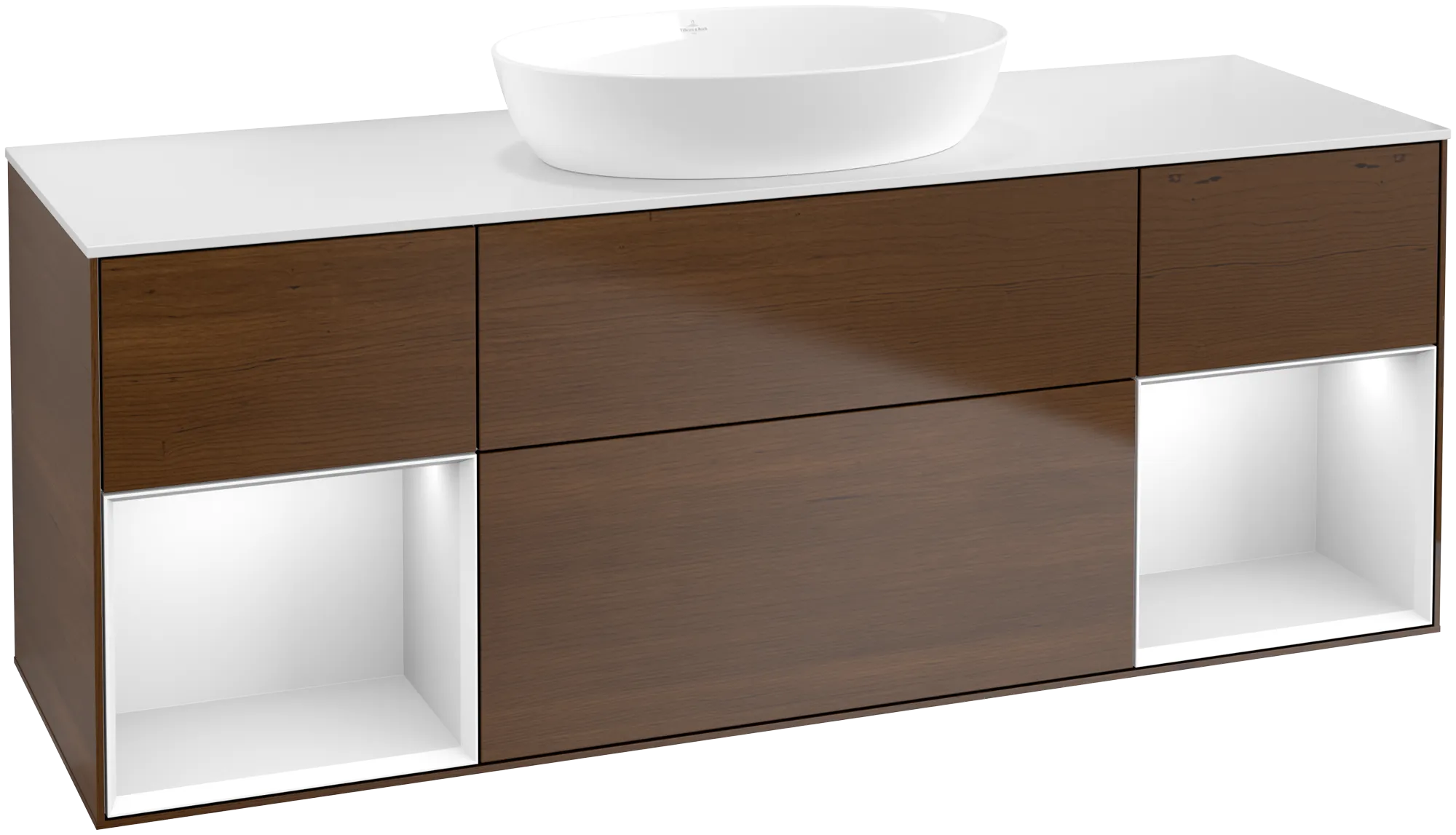 Bild von VILLEROY BOCH Finion Waschbeckenunterschrank, mit Beleuchtung, 4 Auszüge, 1600 x 603 x 501 mm, Walnut Veneer / White Matt Lacquer / Glass White Matt #FD01MTGN