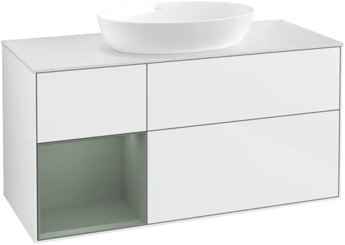 Bild von VILLEROY BOCH Finion Waschbeckenunterschrank, mit Beleuchtung, 3 Auszüge, 1200 x 603 x 501 mm, Glossy White Lacquer / Olive Matt Lacquer / Glass White Matt #FA61GMGF