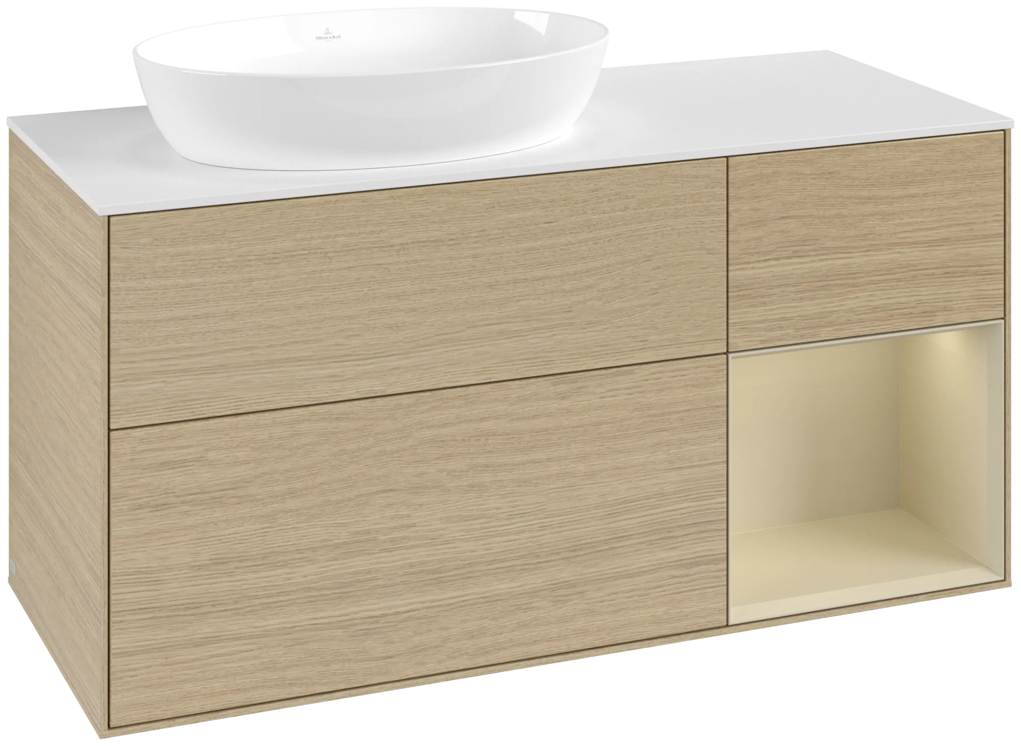 Bild von VILLEROY BOCH Finion Waschbeckenunterschrank, mit Beleuchtung, 3 Auszüge, 1200 x 603 x 501 mm, Oak Veneer / Silk Grey Matt Lacquer / Glass White Matt #FA51HJPC