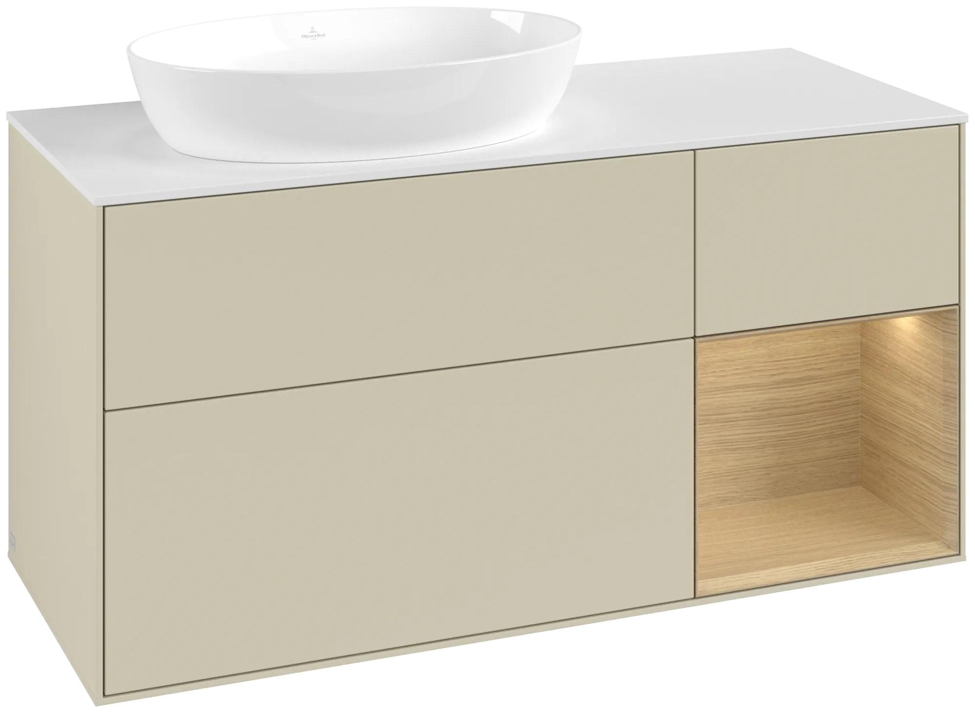 Bild von VILLEROY BOCH Finion Waschbeckenunterschrank, mit Beleuchtung, 3 Auszüge, 1200 x 603 x 501 mm, Silk Grey Matt Lacquer / Oak Veneer / Glass White Matt #FA51PCHJ