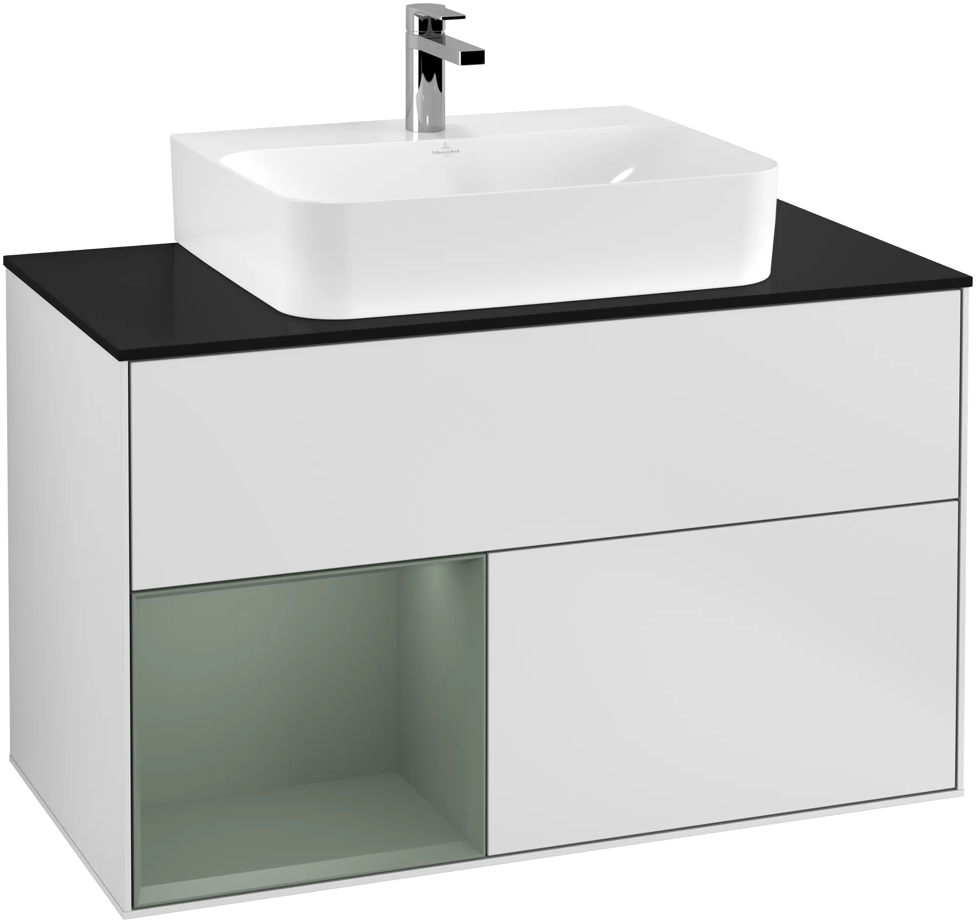 Bild von VILLEROY BOCH Finion Waschbeckenunterschrank, mit Beleuchtung, 2 Auszüge, 1000 x 603 x 501 mm, White Matt Lacquer / Olive Matt Lacquer / Glass Black Matt #G112GMMT