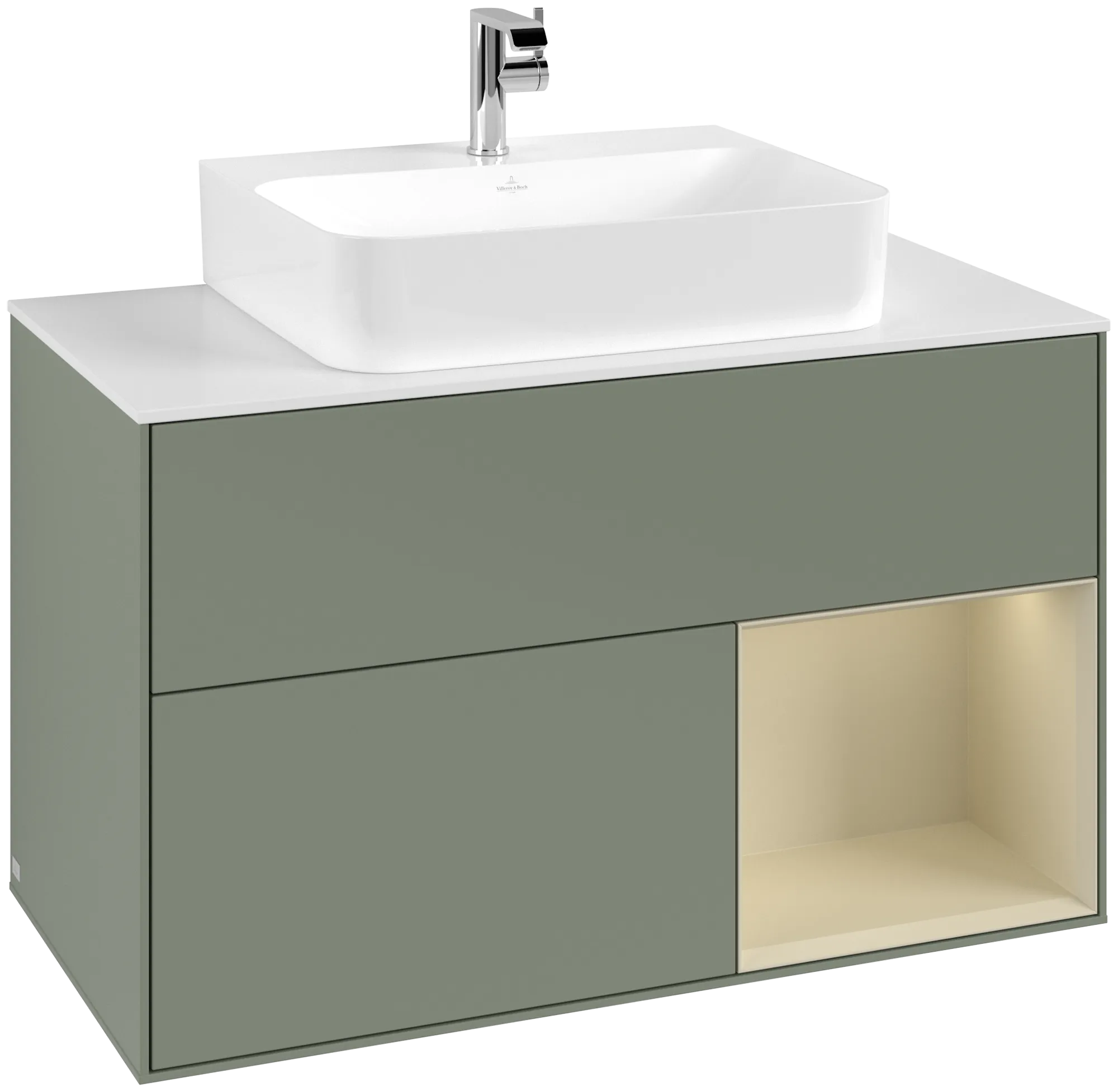 Bild von VILLEROY BOCH Finion Waschbeckenunterschrank, mit Beleuchtung, 2 Auszüge, 1000 x 603 x 501 mm, Olive Matt Lacquer / Silk Grey Matt Lacquer / Glass White Matt #G121HJGM