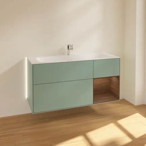Bild von VILLEROY BOCH Finion Waschbeckenunterschrank, mit Beleuchtung, 3 Auszüge, 1196 x 591 x 498 mm, Olive Matt Lacquer / Walnut Veneer #G070GNGM