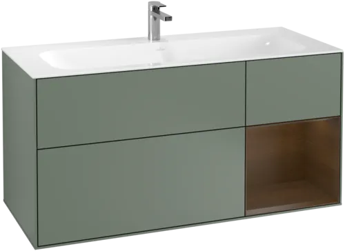 Bild von VILLEROY BOCH Finion Waschbeckenunterschrank, mit Beleuchtung, 3 Auszüge, 1196 x 591 x 498 mm, Olive Matt Lacquer / Walnut Veneer #G070GNGM