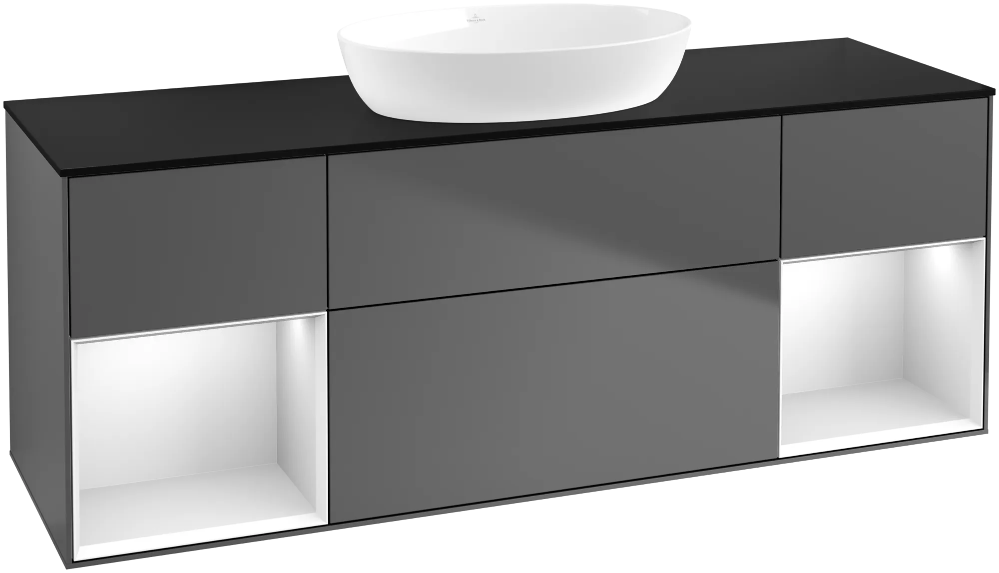 Bild von VILLEROY BOCH Finion Waschbeckenunterschrank, mit Beleuchtung, 4 Auszüge, 1600 x 603 x 501 mm, Anthracite Matt Lacquer / White Matt Lacquer / Glass Black Matt #FD02MTGK