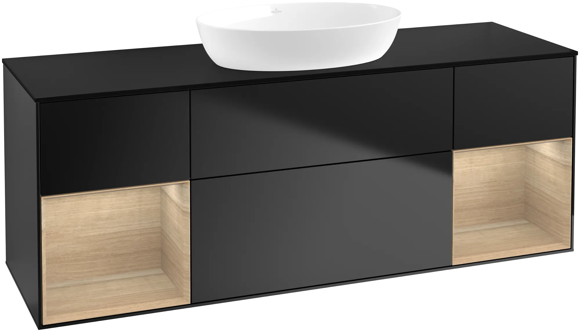 Picture of VILLEROY BOCH Finion Vanity unit, with lighting, 4 pull-out compartments, 1600 x 603 x 501 mm, Black Matt Lacquer / Oak Veneer / Glass Black Matt #FD02PCPD