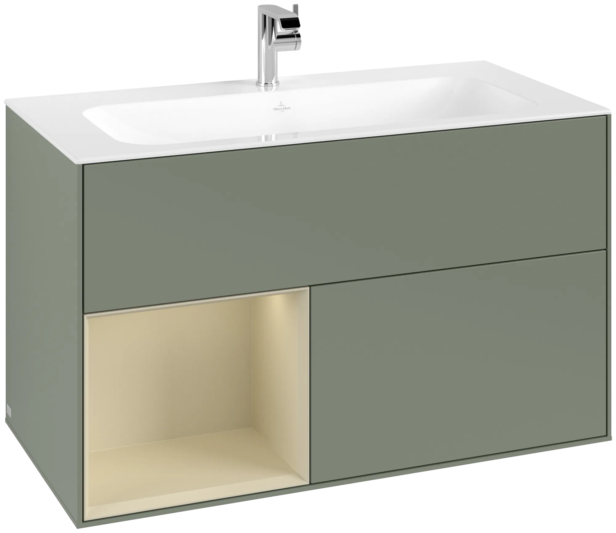 Bild von VILLEROY BOCH Finion Waschbeckenunterschrank, mit Beleuchtung, 2 Auszüge, 996 x 591 x 498 mm, Olive Matt Lacquer / Silk Grey Matt Lacquer #G030HJGM