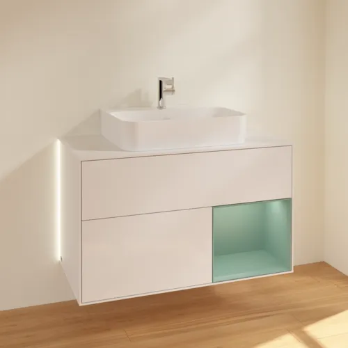 Bild von VILLEROY BOCH Finion Waschbeckenunterschrank, mit Beleuchtung, 2 Auszüge, 1000 x 603 x 501 mm, Glossy White Lacquer / Olive Matt Lacquer / Glass White Matt #G121GMGF