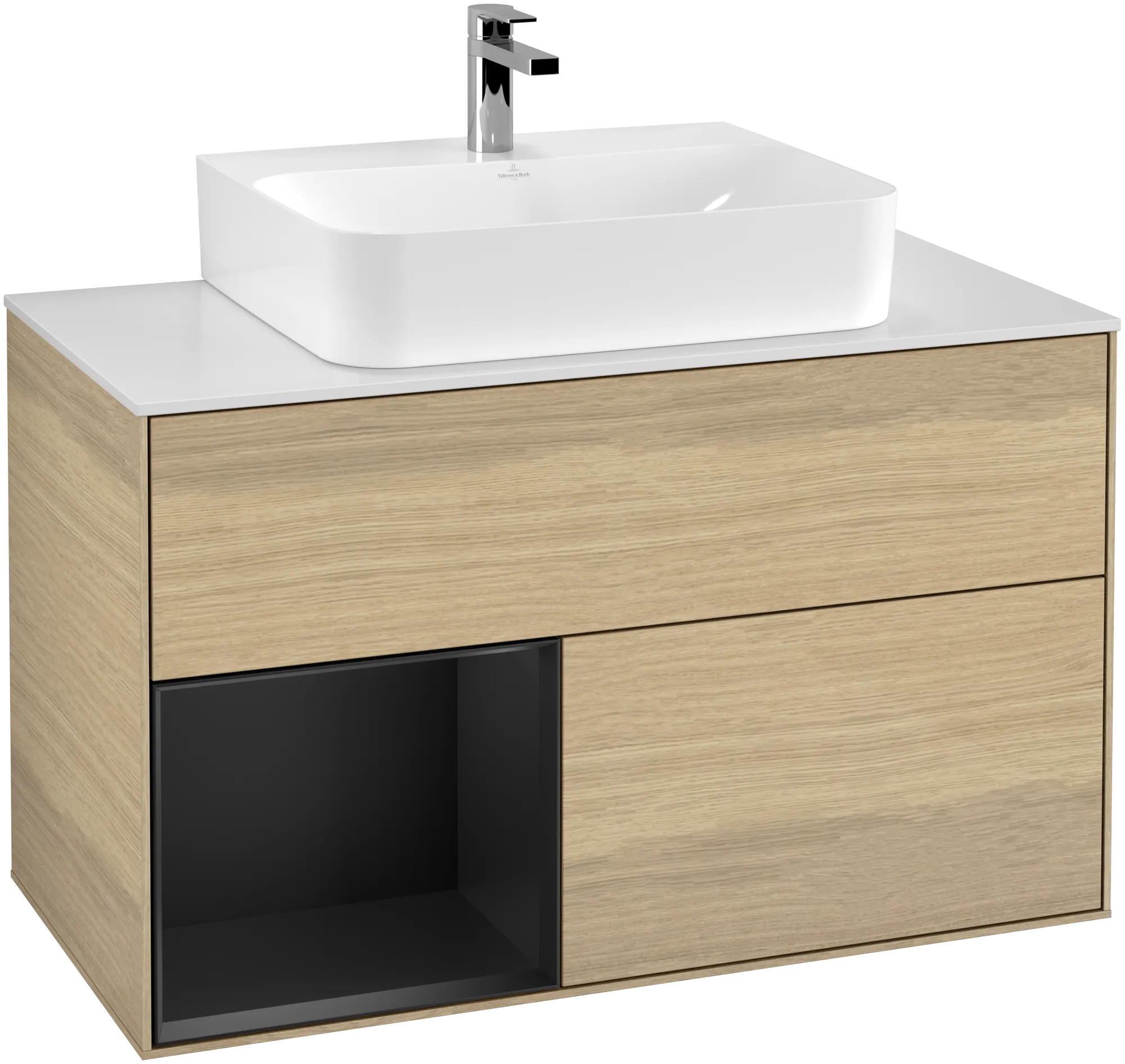 Bild von VILLEROY BOCH Finion Waschbeckenunterschrank, mit Beleuchtung, 2 Auszüge, 1000 x 603 x 501 mm, Oak Veneer / Black Matt Lacquer / Glass White Matt #G111PDPC