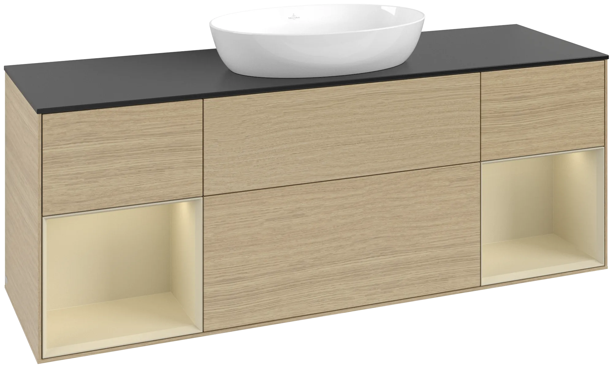 Bild von VILLEROY BOCH Finion Waschbeckenunterschrank, mit Beleuchtung, 4 Auszüge, 1600 x 603 x 501 mm, Oak Veneer / Silk Grey Matt Lacquer / Glass Black Matt #FD02HJPC