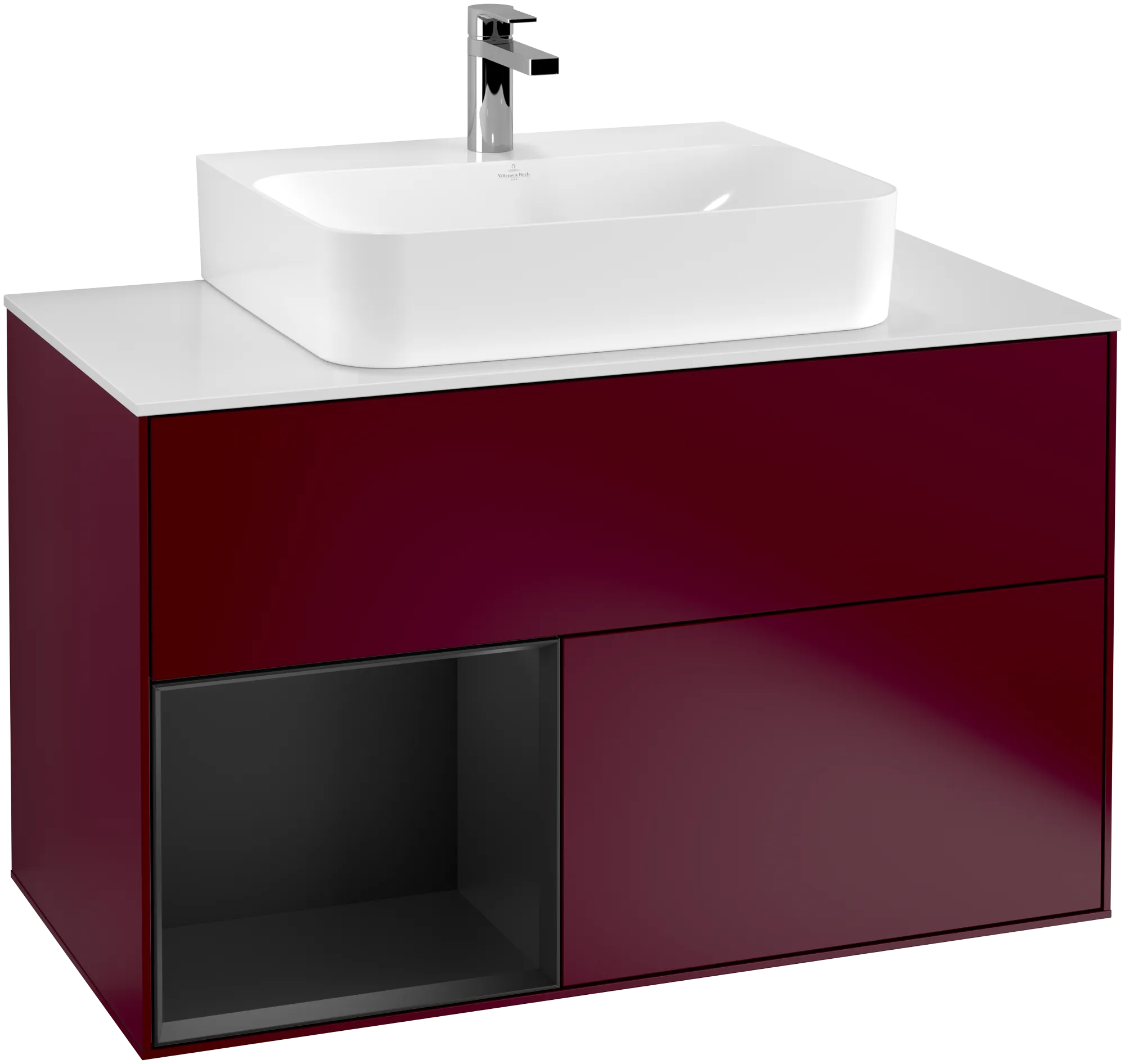 Picture of VILLEROY BOCH Finion Vanity unit, with lighting, 2 pull-out compartments, 1000 x 603 x 501 mm, Peony Matt Lacquer / Black Matt Lacquer / Glass White Matt #G111PDHB