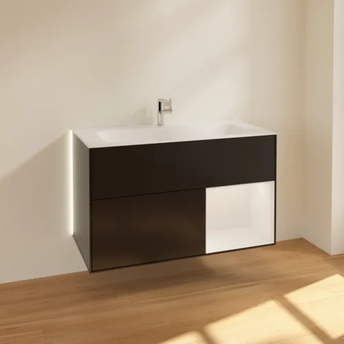 Bild von VILLEROY BOCH Finion Waschbeckenunterschrank, mit Beleuchtung, 2 Auszüge, 996 x 591 x 498 mm, Black Matt Lacquer / Glossy White Lacquer #G040GFPD