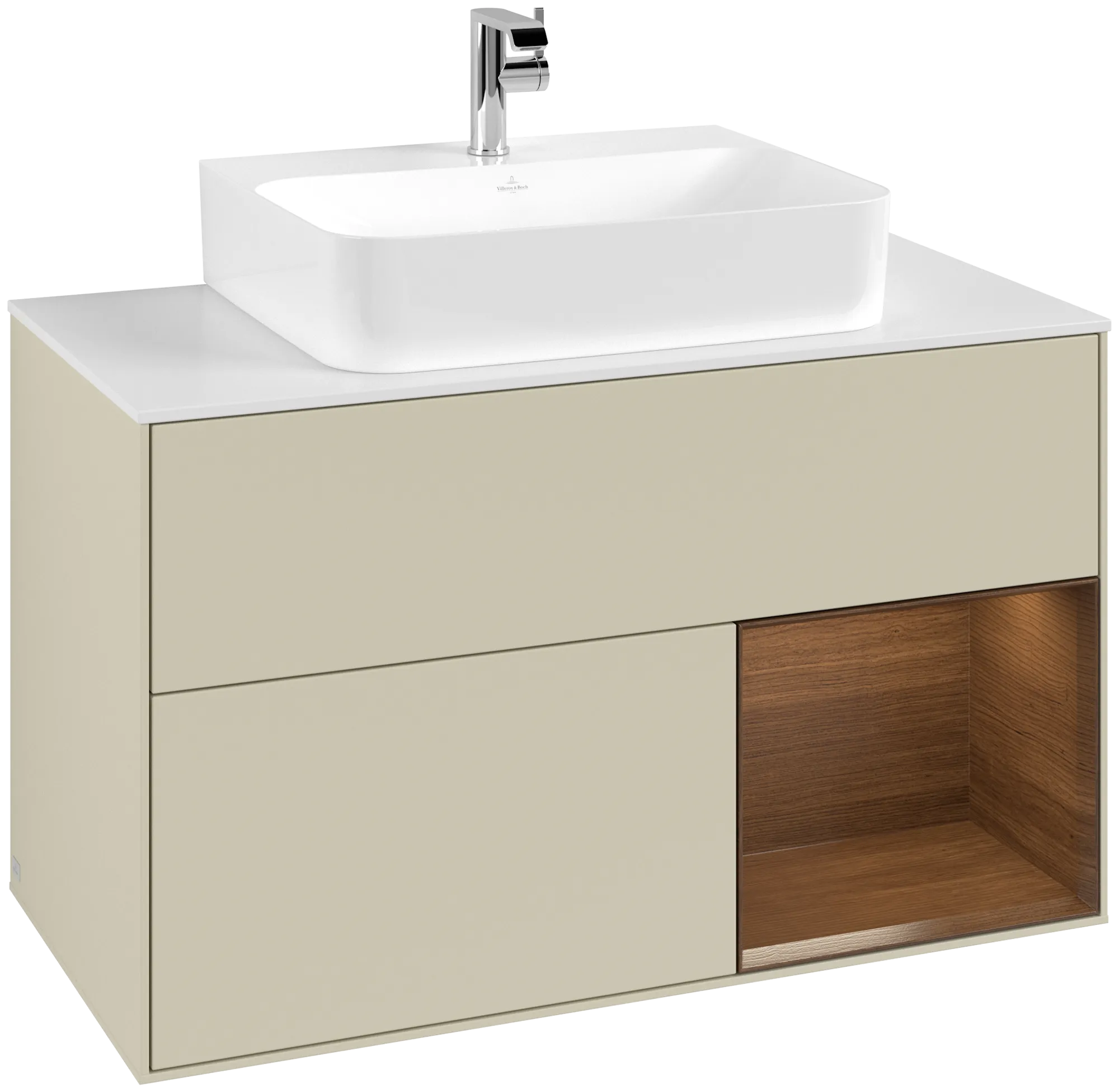 Bild von VILLEROY BOCH Finion Waschbeckenunterschrank, mit Beleuchtung, 2 Auszüge, 1000 x 603 x 501 mm, Silk Grey Matt Lacquer / Walnut Veneer / Glass White Matt #G121GNHJ