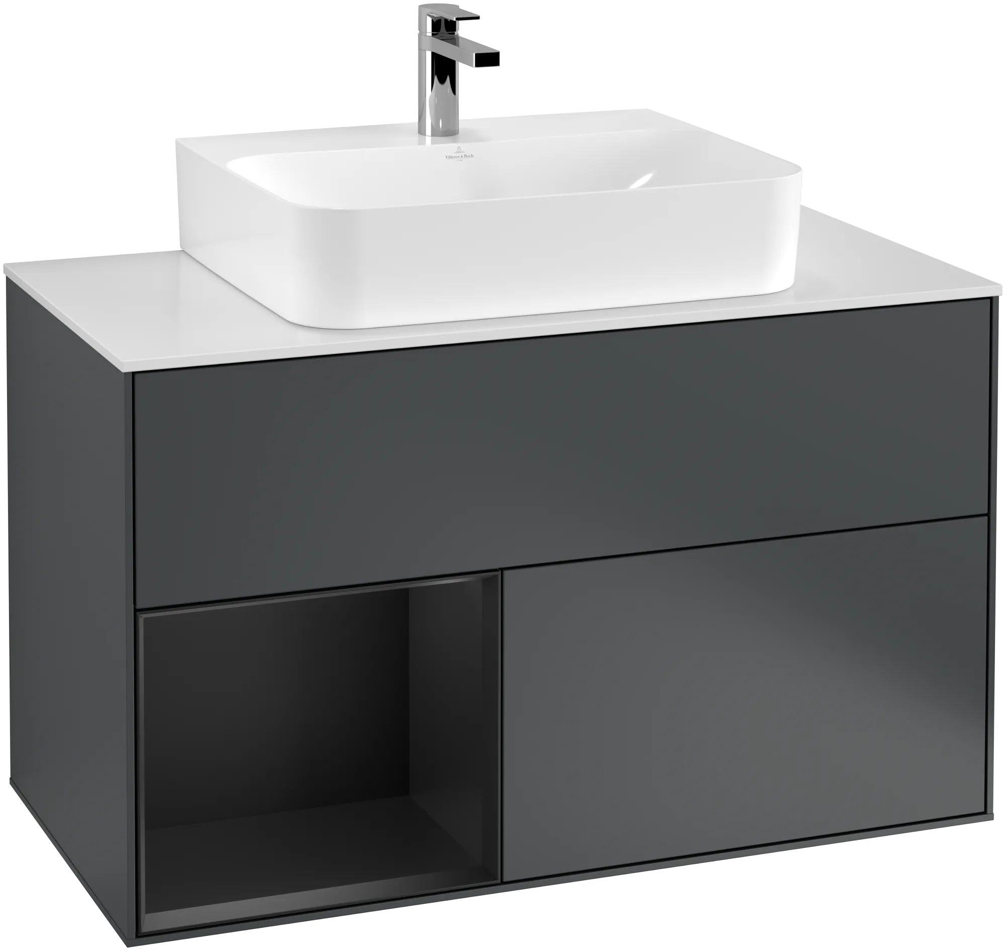 Picture of VILLEROY BOCH Finion Vanity unit, with lighting, 2 pull-out compartments, 1000 x 603 x 501 mm, Midnight Blue Matt Lacquer / Black Matt Lacquer / Glass White Matt #G111PDHG