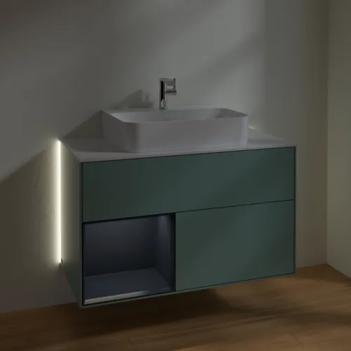 Obrázek VILLEROY BOCH Finion Vanity unit, with lighting, 2 pull-out compartments, 1000 x 603 x 501 mm, Olive Matt Lacquer / Midnight Blue Matt Lacquer / Glass White Matt #G111HGGM
