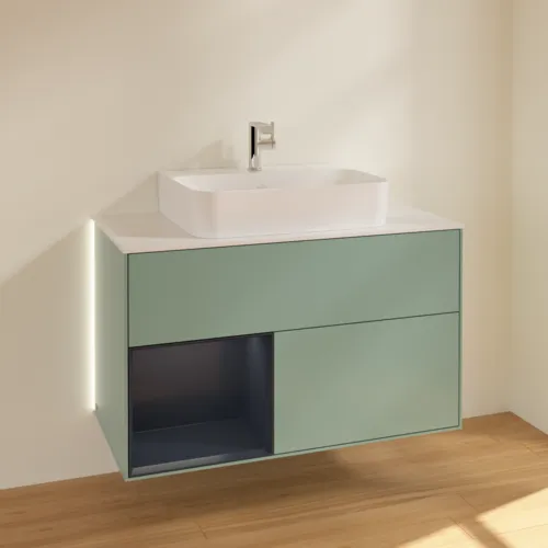 Obrázek VILLEROY BOCH Finion Vanity unit, with lighting, 2 pull-out compartments, 1000 x 603 x 501 mm, Olive Matt Lacquer / Midnight Blue Matt Lacquer / Glass White Matt #G111HGGM