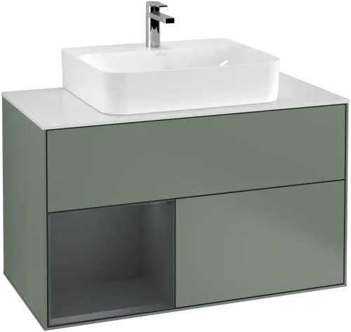 Bild von VILLEROY BOCH Finion Waschbeckenunterschrank, mit Beleuchtung, 2 Auszüge, 1000 x 603 x 501 mm, Olive Matt Lacquer / Midnight Blue Matt Lacquer / Glass White Matt #G111HGGM