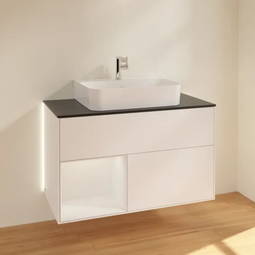 Picture of VILLEROY BOCH Finion Vanity unit, with lighting, 2 pull-out compartments, 1000 x 603 x 501 mm, White Matt Lacquer / Glossy White Lacquer / Glass Black Matt #G112GFMT