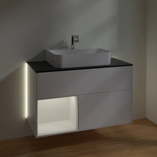 Picture of VILLEROY BOCH Finion Vanity unit, with lighting, 2 pull-out compartments, 1000 x 603 x 501 mm, White Matt Lacquer / Glossy White Lacquer / Glass Black Matt #G112GFMT