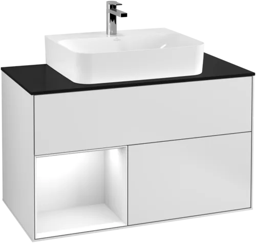 Bild von VILLEROY BOCH Finion Waschbeckenunterschrank, mit Beleuchtung, 2 Auszüge, 1000 x 603 x 501 mm, White Matt Lacquer / Glossy White Lacquer / Glass Black Matt #G112GFMT