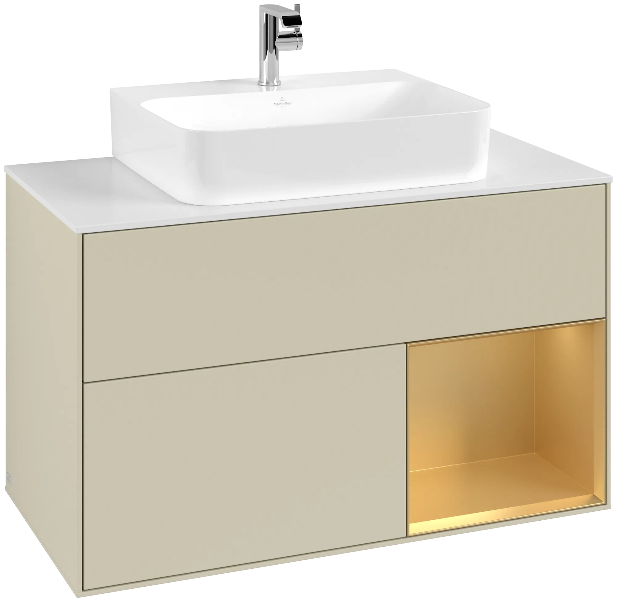 Bild von VILLEROY BOCH Finion Waschbeckenunterschrank, mit Beleuchtung, 2 Auszüge, 1000 x 603 x 501 mm, Silk Grey Matt Lacquer / Gold Matt Lacquer / Glass White Matt #G121HFHJ