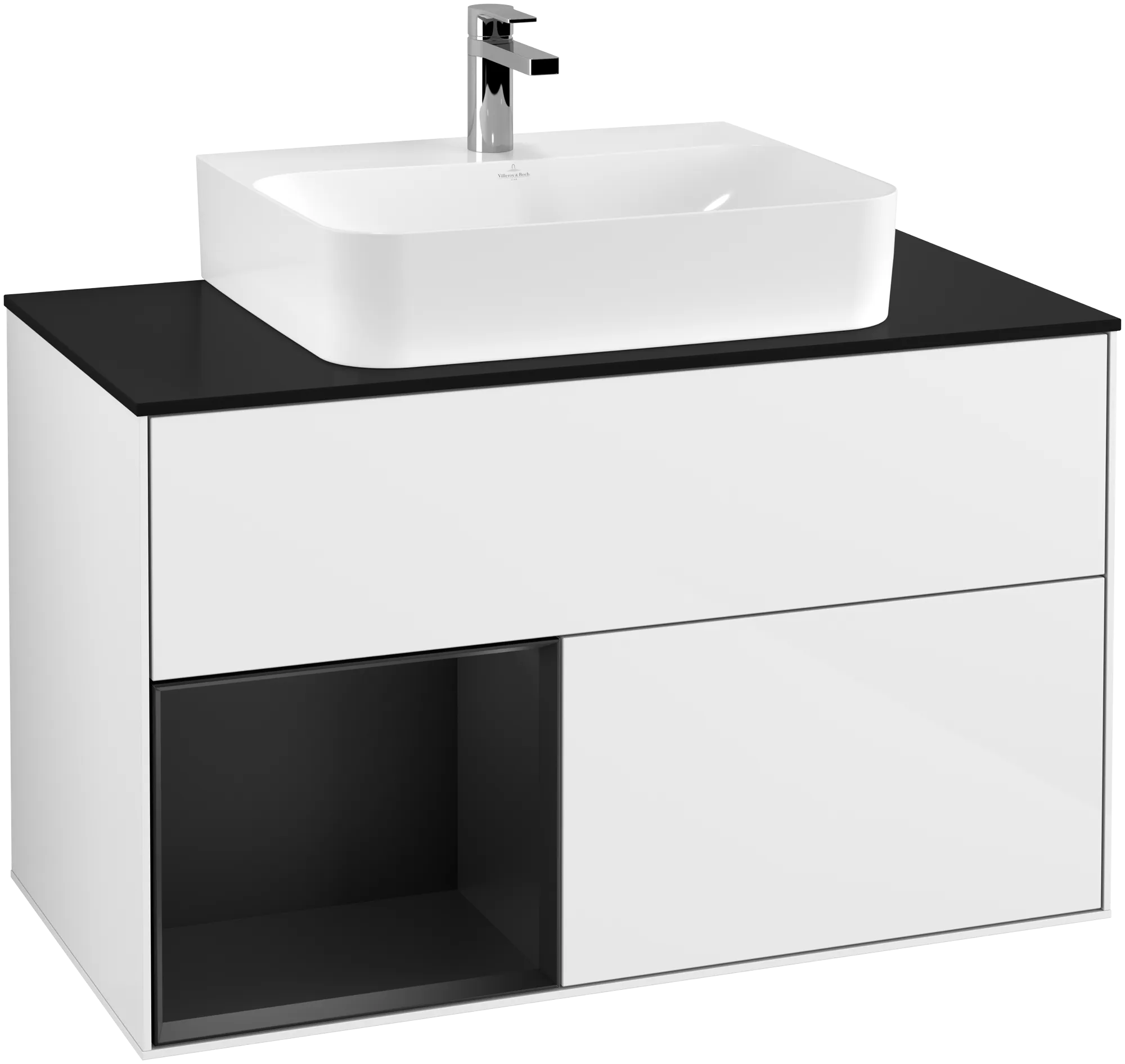 Bild von VILLEROY BOCH Finion Waschbeckenunterschrank, mit Beleuchtung, 2 Auszüge, 1000 x 603 x 501 mm, Glossy White Lacquer / Black Matt Lacquer / Glass Black Matt #G112PDGF